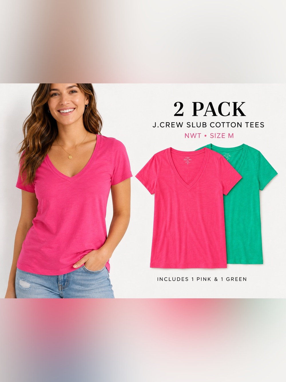 J.Crew Slub Cotton V-Neck T-Shirt 2 Pack Pink Green Size M NWT & NWOT